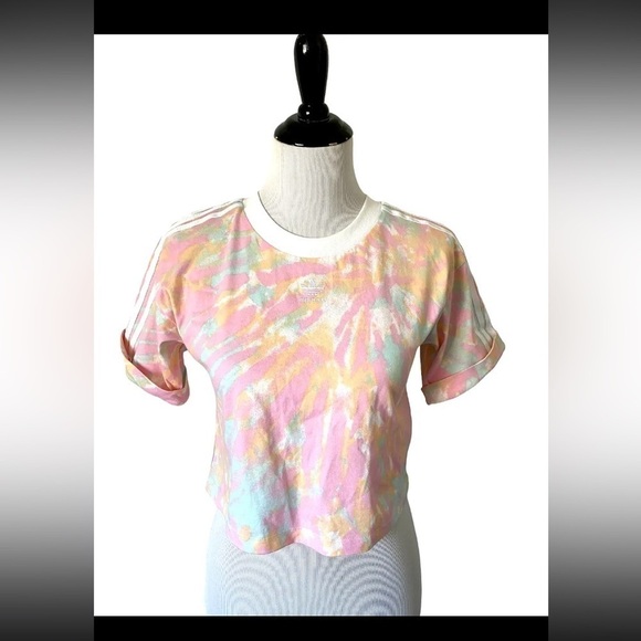 NEW Womens Adidas Sz Small Crop Top Pullover Crew Neck Logo Tie Dye Pink Stripe - Picture 1 of 6